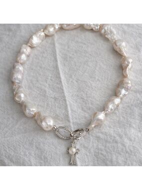 Baroque Pearl Cross Necklace – Detachable Pendant, Large Statement Pearls